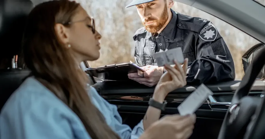 Αστυνομικός σκύβει στο παράθυρο του αυτοκινήτου και ελέγχει τα έγγραφα της οδηγού — Πράσινη Κάρτα - Πότε χρειάζεται και τι να προσέξεις